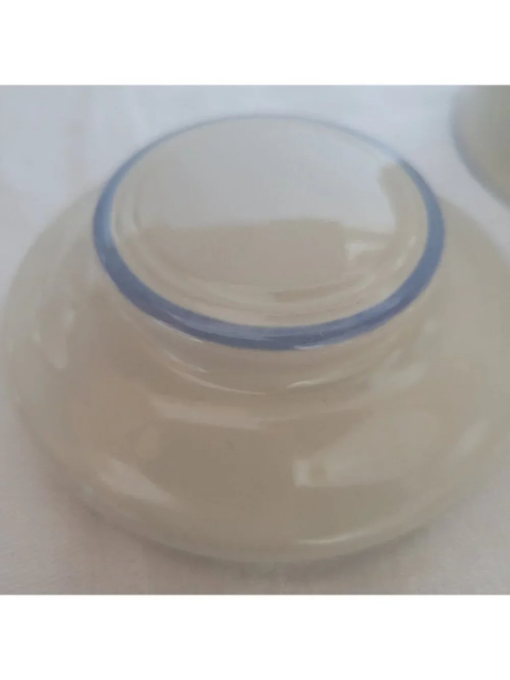 Stoneware Japan Sugar Bowl Vtg Cream w/blue stripe w/lid functional Country EUC